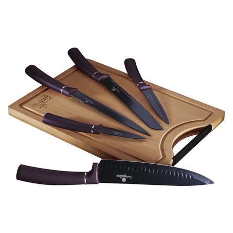 BerlingerHaus - К-кт неръждаеми ножове с бамбукова дъска 6 части лилави/черни