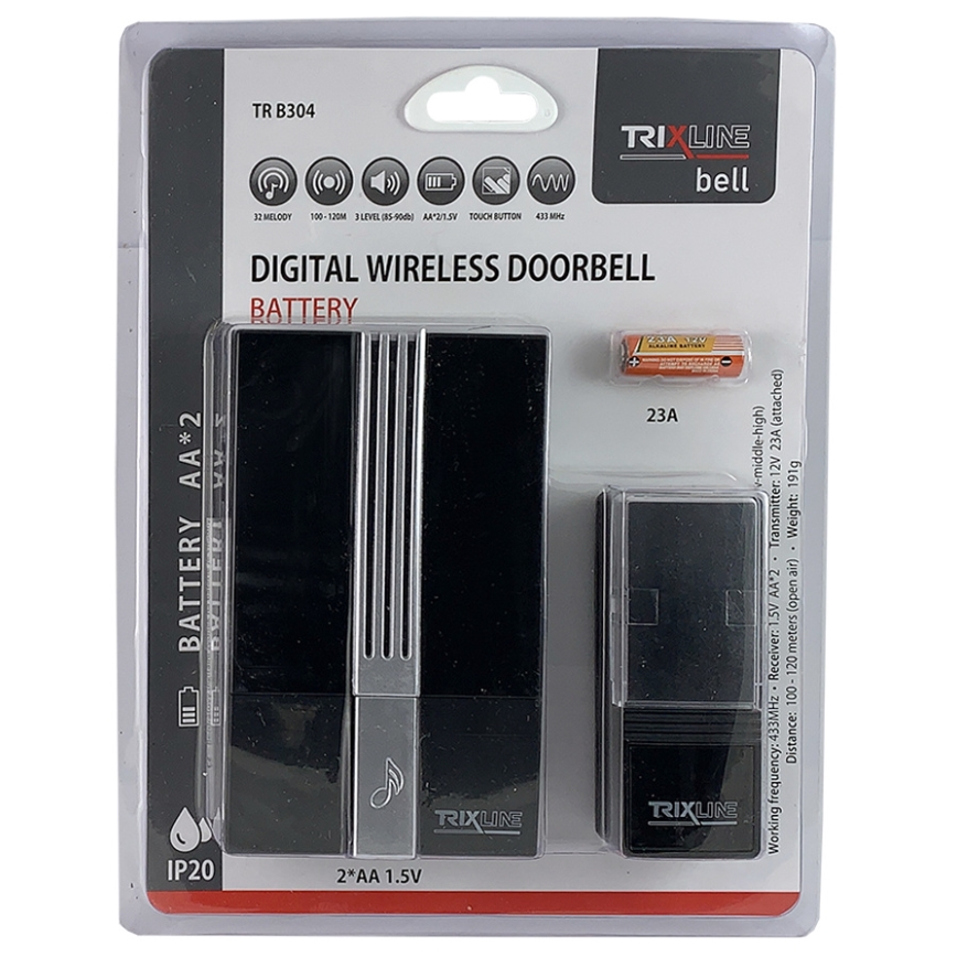 Безжичен звънец BELL 1x23A + 2xAA черен