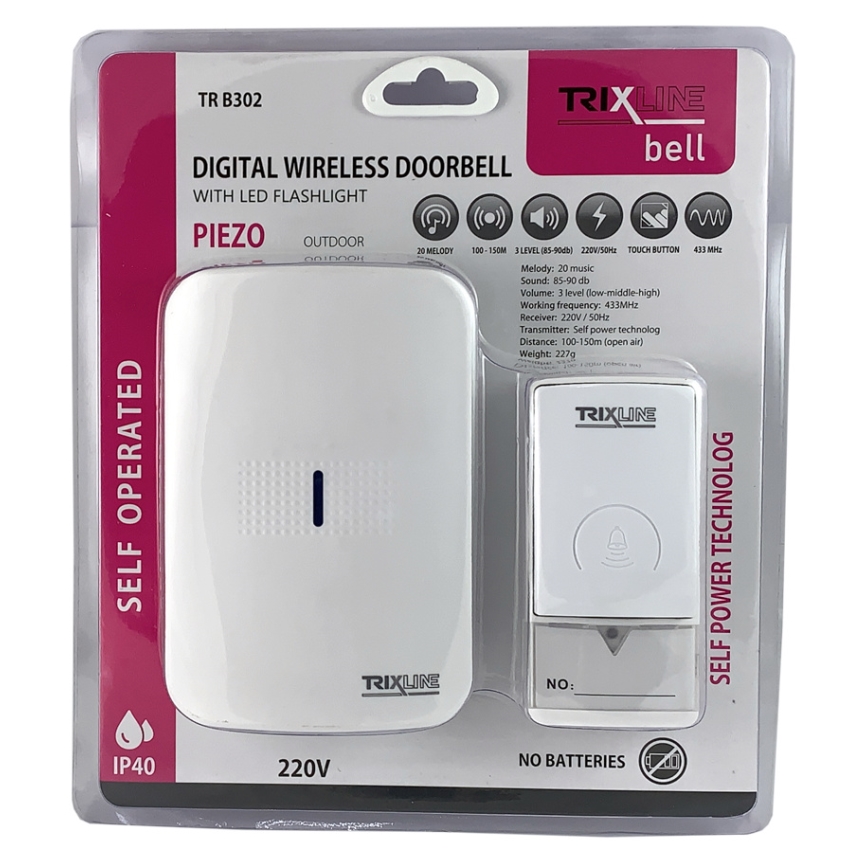 Безжичен звънец за контакт PIEZO BELL 230V + 1x23A IP40 бял