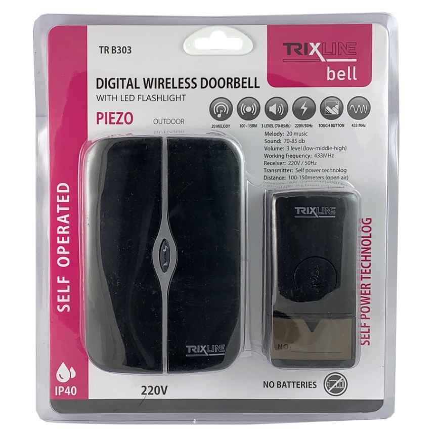Безжичен звънец за контакт PIEZO BELL 230V IP40 черен