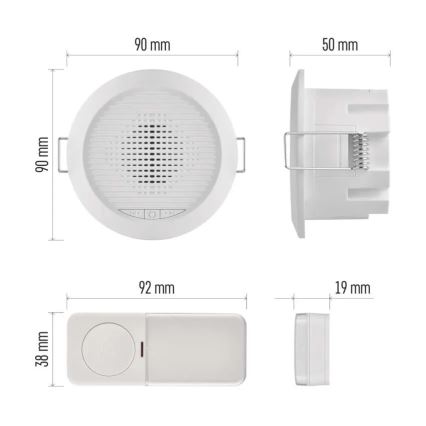 Безжичен вграден звънец 230V + 1xCR2032 бял