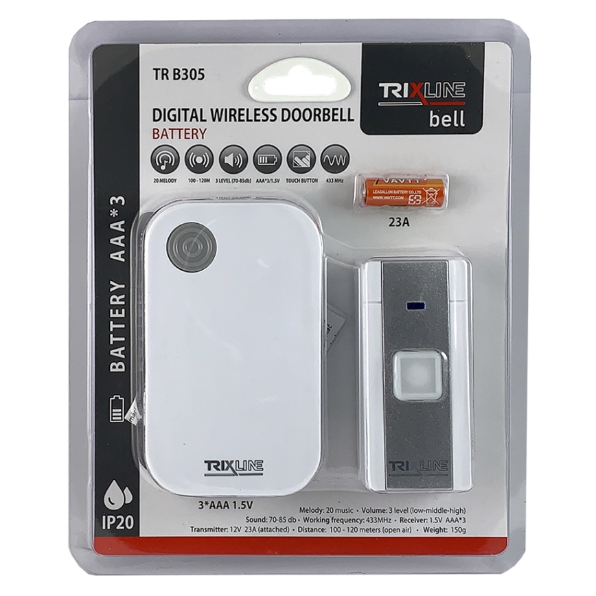 Безжичен звънец BELL 1x23A + 3xAAA бял