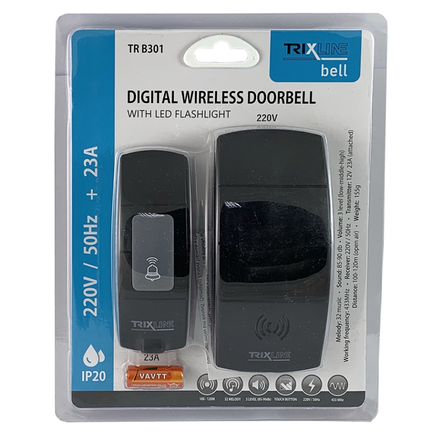 Безжичен звънец за контакт BELL 230V + 1x23A черен