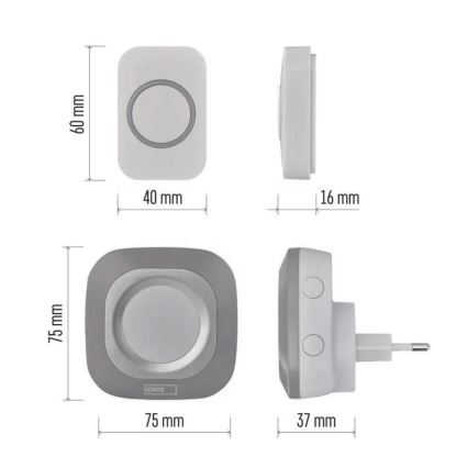 Безжичен звънец за контакт 230V + 1xCR2032 IP44 сив