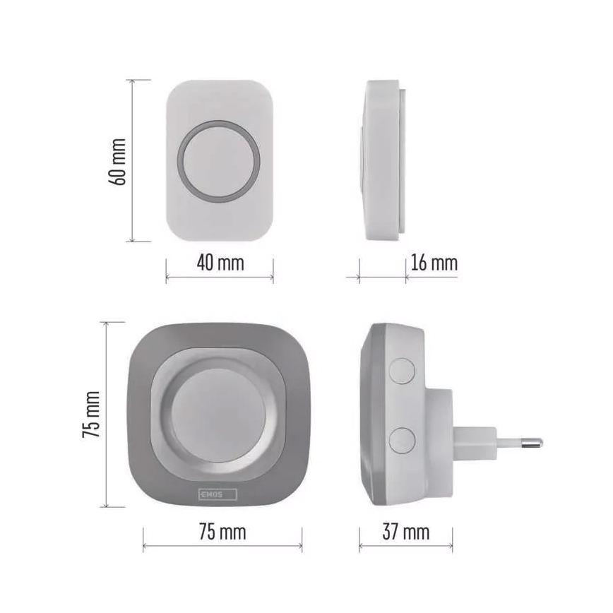 Безжичен звънец за контакт 230V + 1xCR2032 IP44 сив