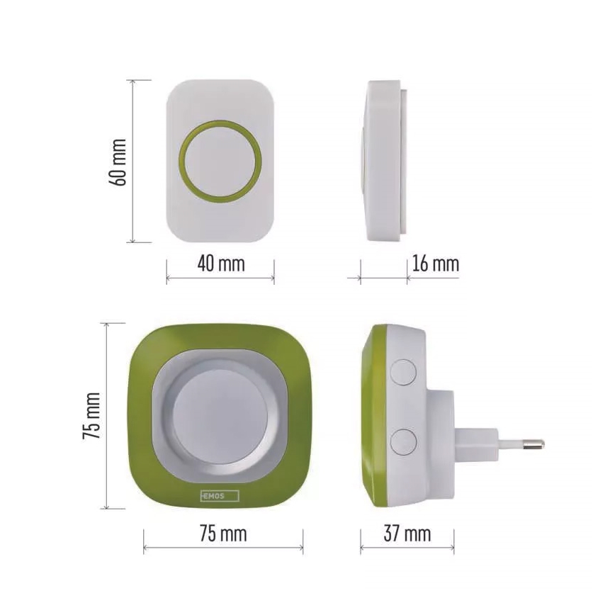 Безжичен звънец за контакт 230V + 1xCR2032 IP44 зелен