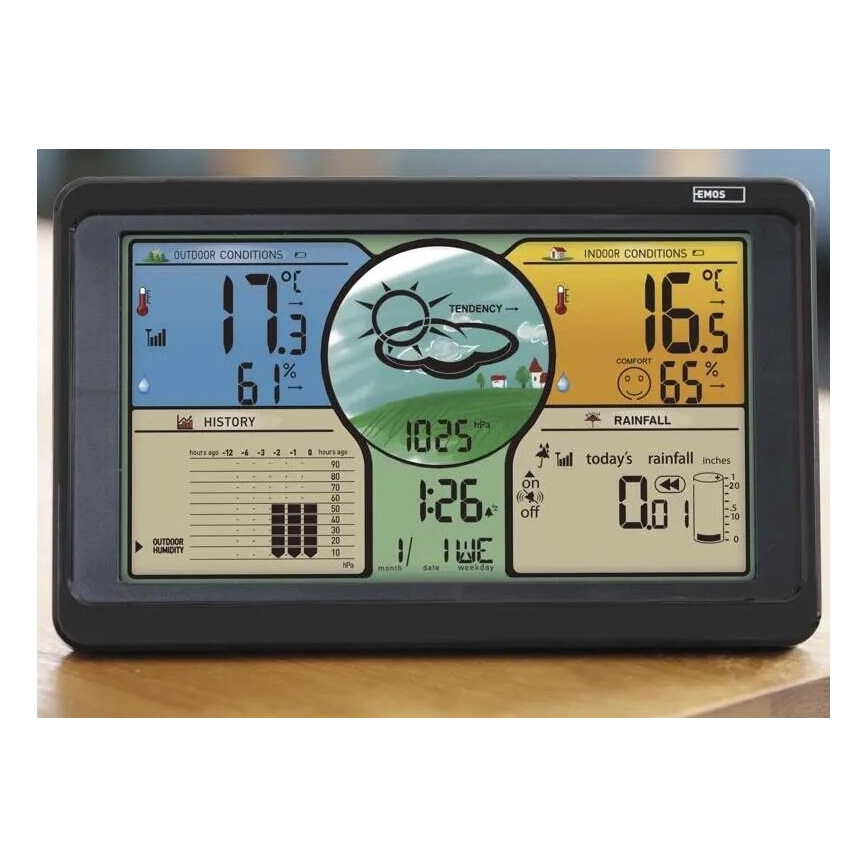 Безжична метеорологична станция с цветен LCD дисплей и дъждомер 3xAAA черен