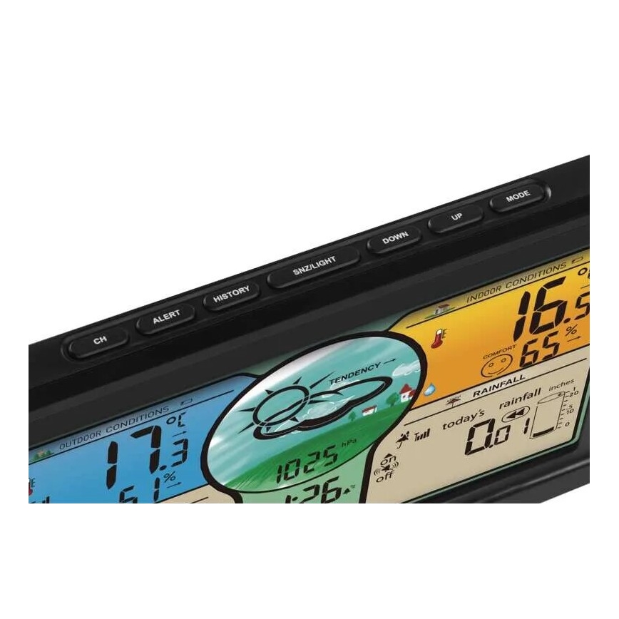 Безжична метеорологична станция с цветен LCD дисплей и дъждомер 3xAAA черен