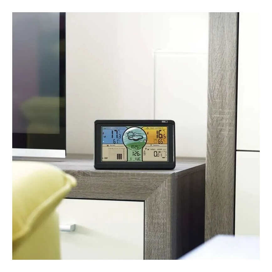 Безжична метеорологична станция с цветен LCD дисплей и дъждомер 3xAAA черен