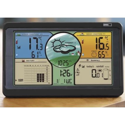 Безжична метеорологична станция с цветен LCD дисплей и дъждомер 3xAAA черен