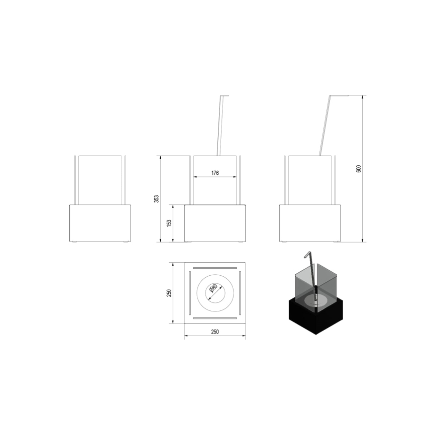 Kratki - БИО камина 35,3x25 см 1kW черна