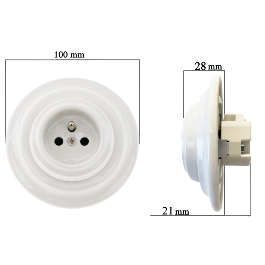 Bohemia-Design - Порцеланова ретро домашна розетка SCHUKO с рамка, 250V/16A, бяла