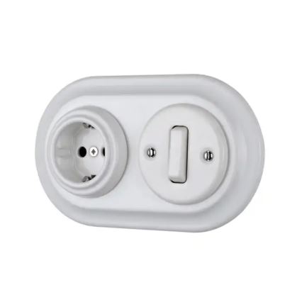Bohemia-Design - Порцеланова ретро домашна контактна розетка без рамка SCHUKO 250V/16A бяла