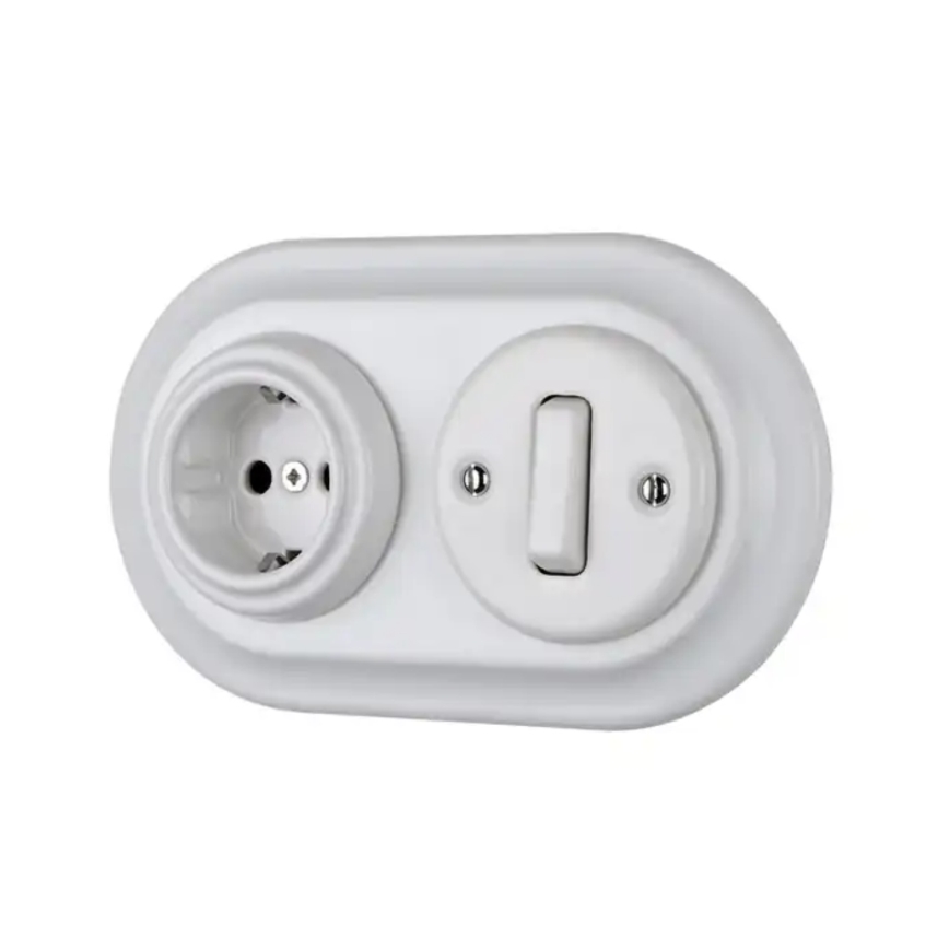 Bohemia-Design - Порцеланова ретро домашна контактна розетка без рамка SCHUKO 250V/16A бяла