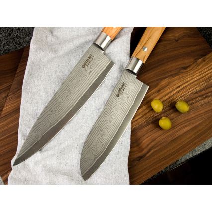 Böker - Дамасков кухненски нож сантоку DAMAST OLIVE 17,2 см маслинова дървесина