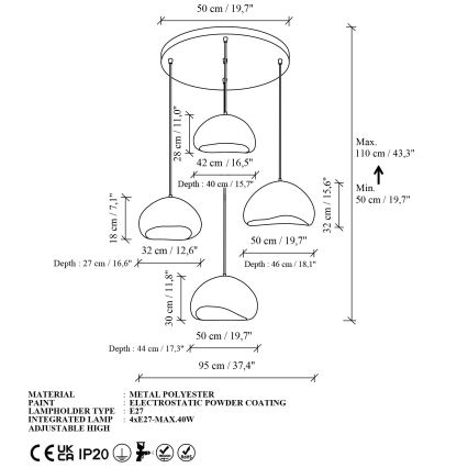 Brilagi - Бял полилей на кабел LOVAL, 4xE27/40W/230V, Ø 95 см
