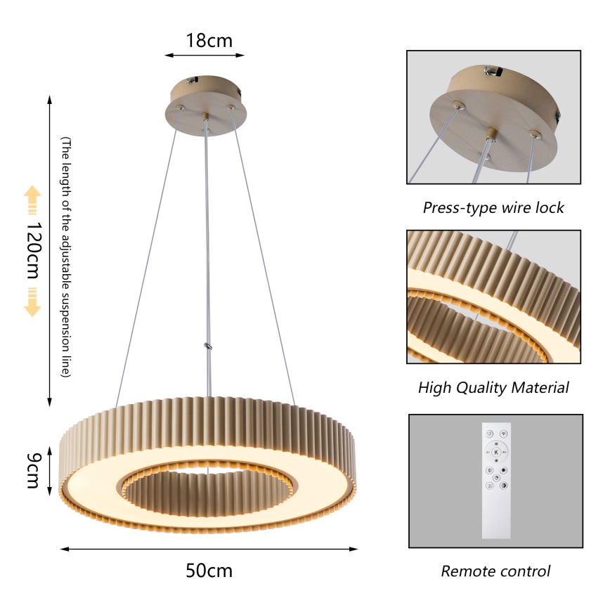 Brilagi - LED димируем полилей на кабел LUMIX LED/48W/230V 3000-6000K бежов, диаметър 50 cm + дистанционно управление