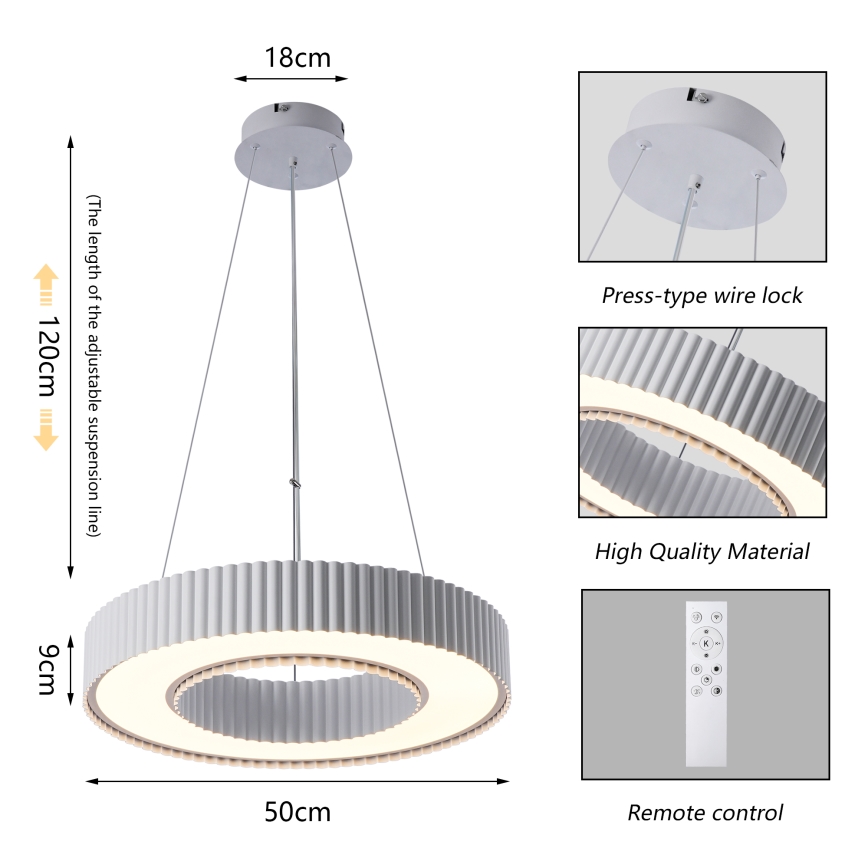 Brilagi - LED полилей с възможност за димиране на кабел LUMIX LED/48W/230V 3000-6000K бял Ø 50 см + дистанционно управление
