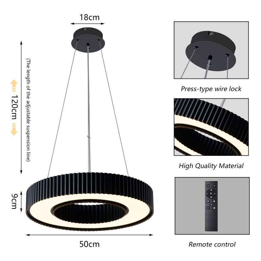 Brilagi - Димируем висящ полилей на кабел LUMIX LED/48W/230V 3000-6000K, черен, диаметър 50 cm + дистанционно управление
