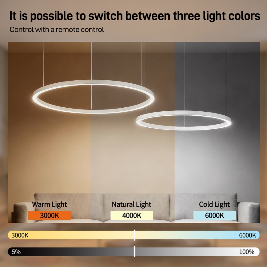 Brilagi - Полилей на кабел с възможност за димиране PORTOFINO LED/98W/230V 3000-6000K бял + дистанционно управление