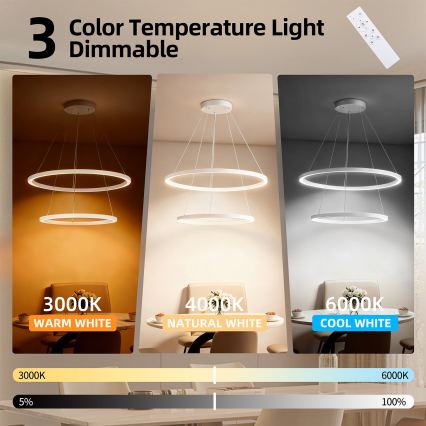 Brilagi - Димируем полилей на кабел PORTOFINO LED/98W/230V 3000–6000K Ø 80 см бял + дистанционно управление