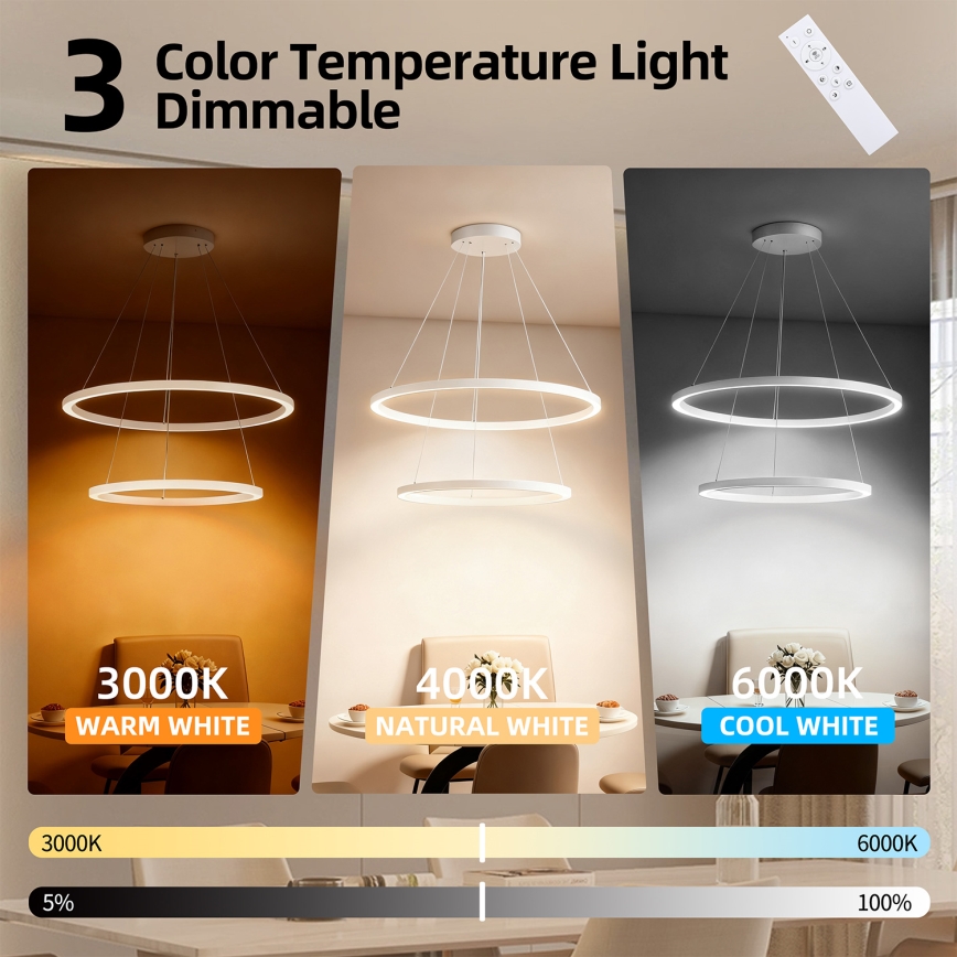Brilagi - Димируем полилей на кабел PORTOFINO LED/98W/230V 3000–6000K Ø 80 см бял + дистанционно управление