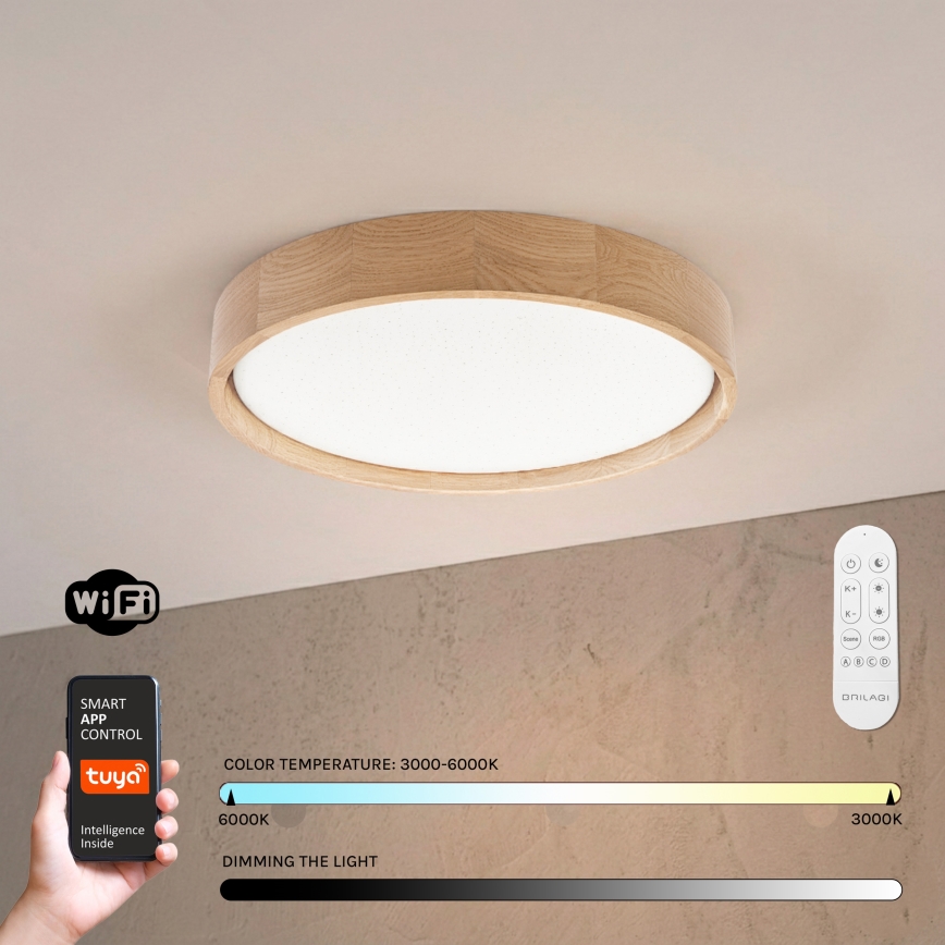 Brilagi - LED димируемо таванно осветително тяло MANAROLA SMART STARS LED/24W/230V 3000-6000K Wi-Fi Tuya Beacon Ø 41 см дъб + дистанционно управление