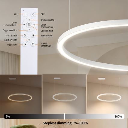 Brilagi - LED полилей с димиране на кабел PORTOFINO LED/60W/230V 3000-6000K диам. 80 cm бял + дистанционно управление