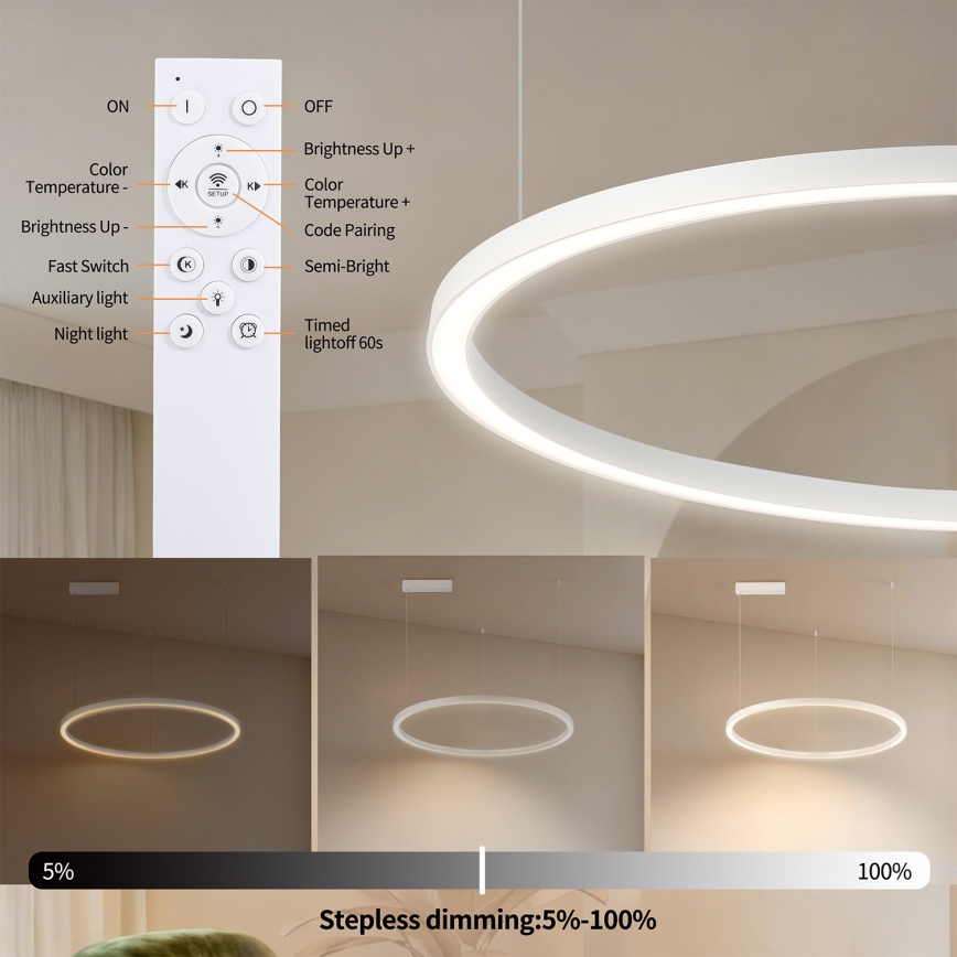 Brilagi - LED полилей с димиране на кабел PORTOFINO LED/60W/230V 3000-6000K диам. 80 cm бял + дистанционно управление