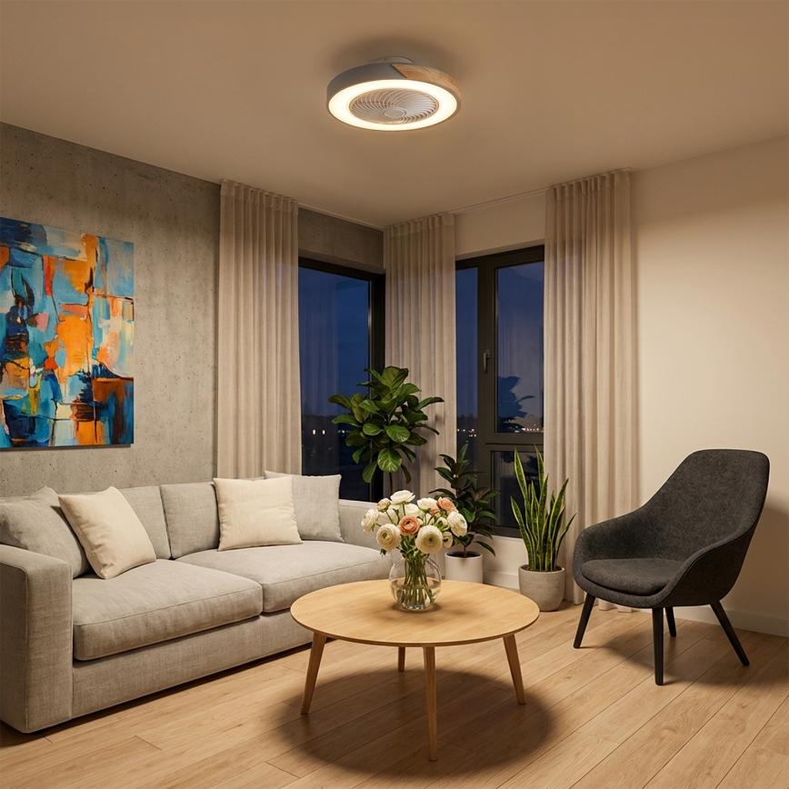 Brilagi - LED димируемо таванно осветително тяло с вентилатор LED/38W/230V 3000-6500K Ø 50 см сив/дъб + дистанционно управление