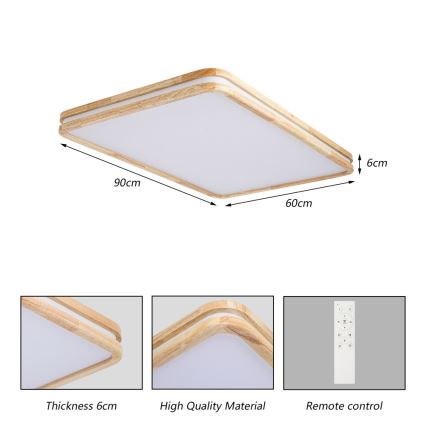 Brilagi - LED димируемо таванно осветително тяло MOLINA SQUARE LED/128W/230V 3000-6000K цвят дъб 90x60 cm + дистанционно управление