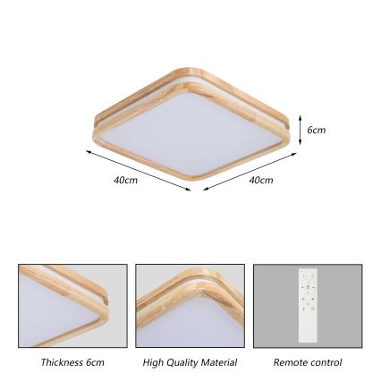 Brilagi - LED димируемо таванно осветително тяло MOLINA SQUARE LED/48W/230V 3000-6000K дъб 40x40 cm + дистанционно управление