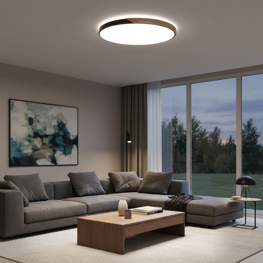 Brilagi - Димируема LED плафониера PILANA LED, 72 W, 230 V, 3000–6500 K, дъб/черно, диаметър 80 см + дистанционно управление