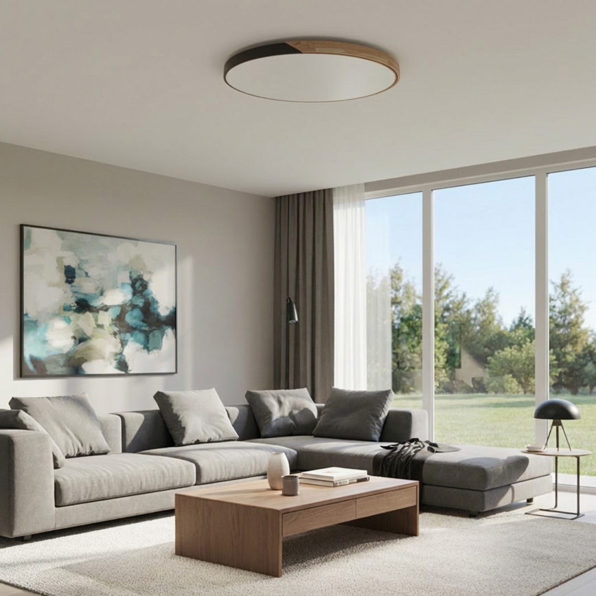 Brilagi - Димируема LED плафониера PILANA LED, 72 W, 230 V, 3000–6500 K, дъб/черно, диаметър 80 см + дистанционно управление