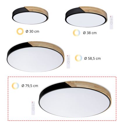 Brilagi - Димируема LED плафониера PILANA LED, 72 W, 230 V, 3000–6500 K, дъб/черно, диаметър 80 см + дистанционно управление