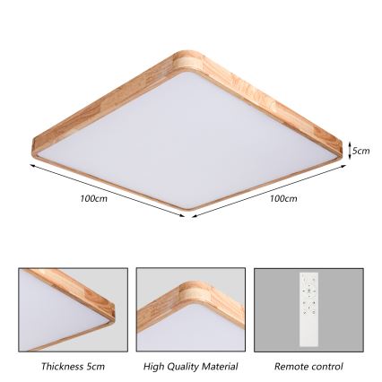 Brilagi - Димируемо таванно LED осветително тяло WOODLINE SQUARE LED/180W/230V 3000-6000K дъб 100x100 см + дистанционно управление