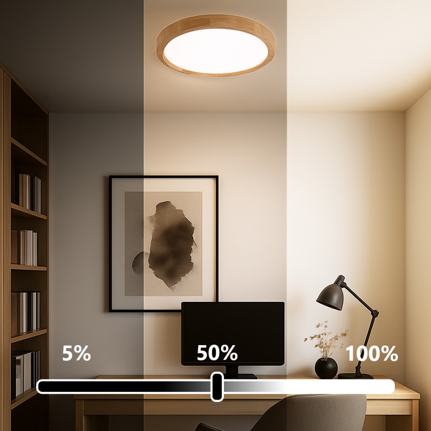 Brilagi - LED димируемо таванно осветително тяло WOODROUND LED/30W/230V 3000-6000K Ø 40 см дърво CRI 90 + дистанционно управление