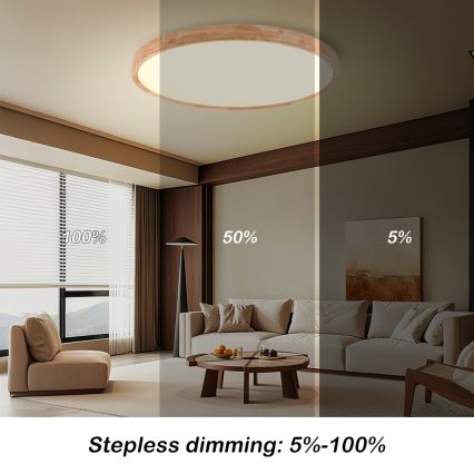 Brilagi - Димируемо таванно осветително тяло WOODROUND LED/70W/230V 3000-6000K Ø 80 см дърво CRI 90 + дистанционно управление