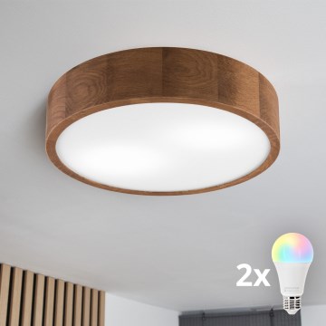 Brilagi - Димируемо LED RGBW таванно осветително тяло CARVALHO 2xE27/9W/230V 2700-6500K Wi-Fi, цвят дъб, Ø 37,5 cm