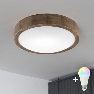 Brilagi - Димируемо LED RGBW таванно осветително тяло CARVALHO SLIM 1xE27/9W/230V 2700-6500K Wi-Fi дъб Ø 27 см