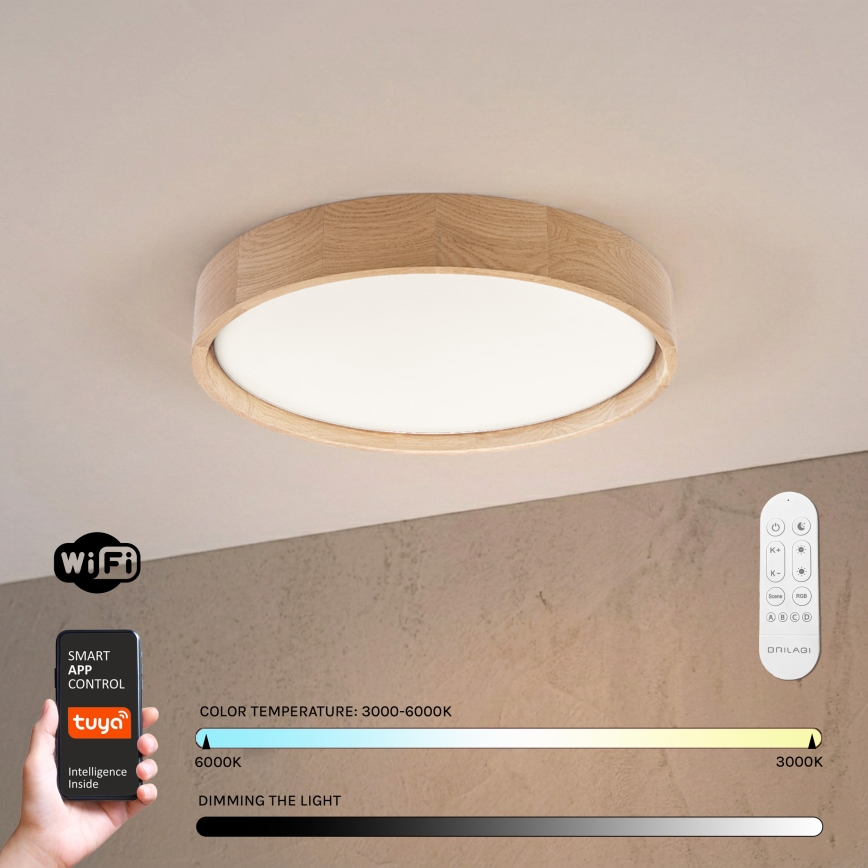 Brilagi - Димируемо таванно LED осветително тяло MANAROLA SMART LED/24W/230V 3000-6000K Wi-Fi Tuya Beacon Ø 41 см дъб + дистанционно управление