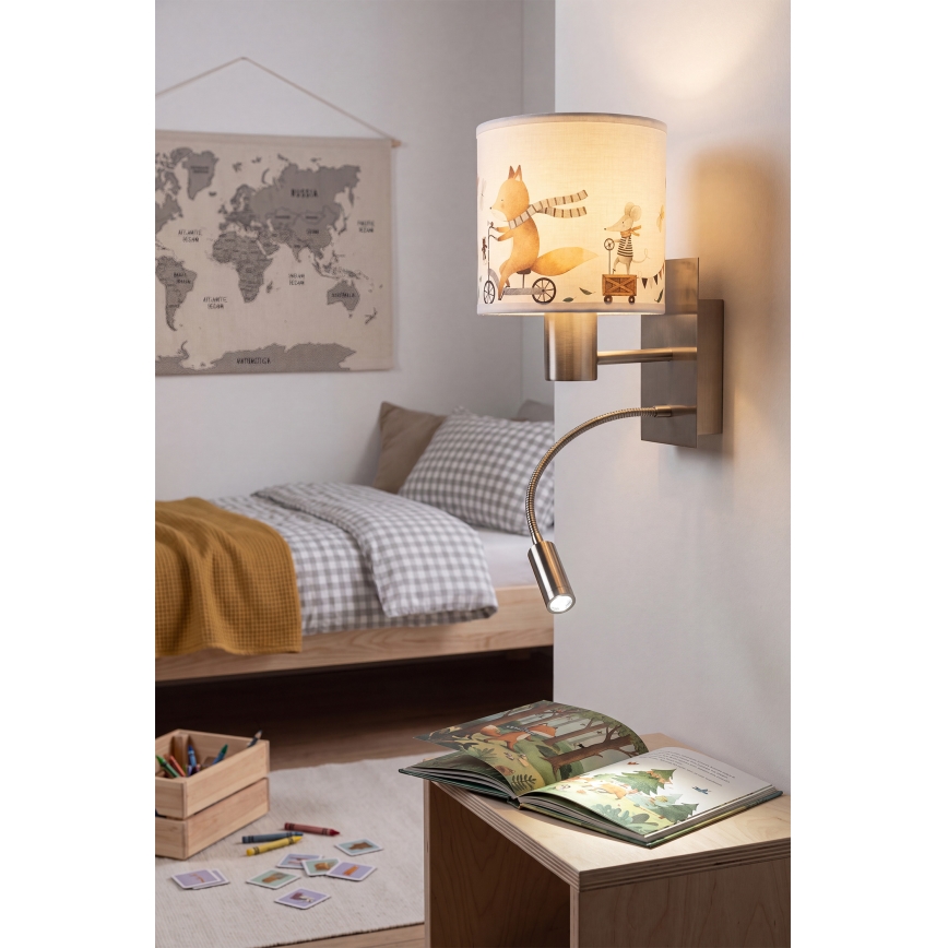 Brilagi - LED детска гъвкава стенна лампа BOBO 1xE27/25W/230V + LED/3W матов хром/бяла/с животински мотиви