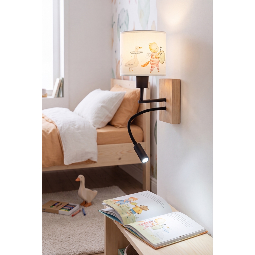 Brilagi - LED Детска гъвкава стенна лампа BOBO WOOD 1xE27/25W/230V + LED/3W дъб/черен/бял/с животински мотиви