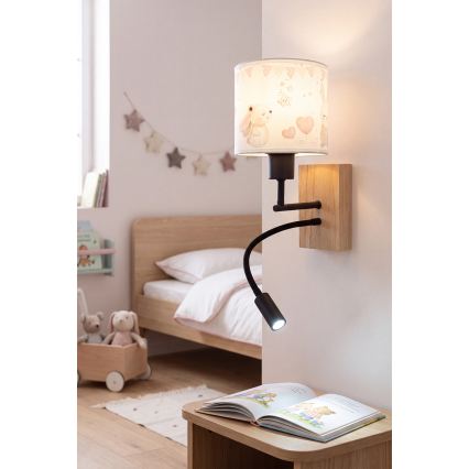 Brilagi - LED детска гъвкава стенна лампа BOBO WOOD 1xE27/25W/230V + LED/3W дъб/черна/кремава/зайчета