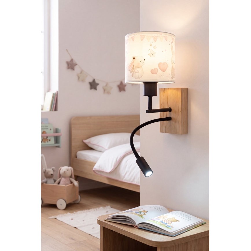 Brilagi - LED детска гъвкава стенна лампа BOBO WOOD 1xE27/25W/230V + LED/3W дъб/черна/кремава/зайчета