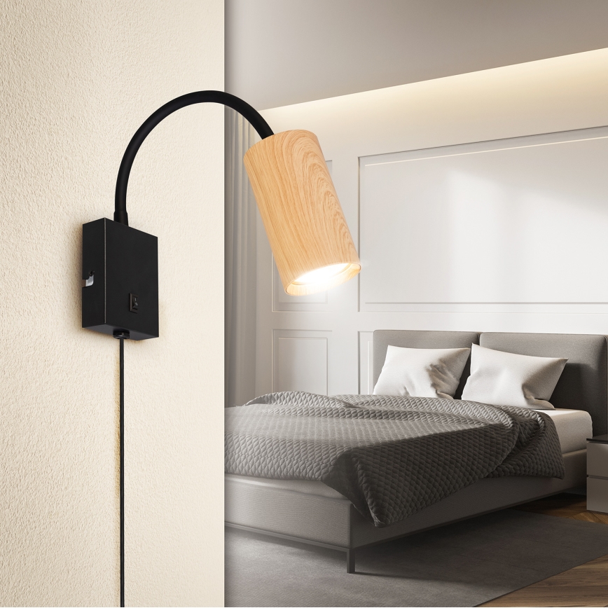 Brilagi - Гъвкава стенна лампа с ключ SELE 1xGU10/30W/230V черна/дъбов декор