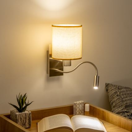 Brilagi - LED Гъвкав аплик NUBILA 1xE27/25W/230V + LED/3W матов хром/светлокафяво