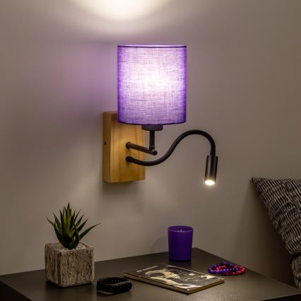 Brilagi - LED Гъвкав аплик NUBILA WOOD 1xE27/25W/230V + LED/3W дъб/лилава