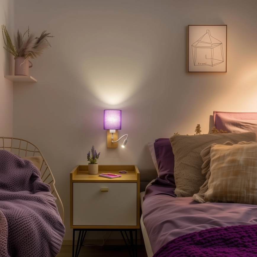 Brilagi - LED Гъвкав аплик NUBILA WOOD 1xE27/25W/230V + LED/3W дъб/лилава
