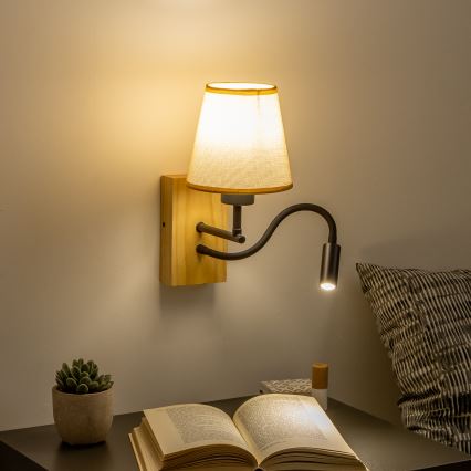 Brilagi - LED Гъвкав аплик NUBILA WOOD 1xE27/25W/230V + LED/3W дъб/светлокафяво